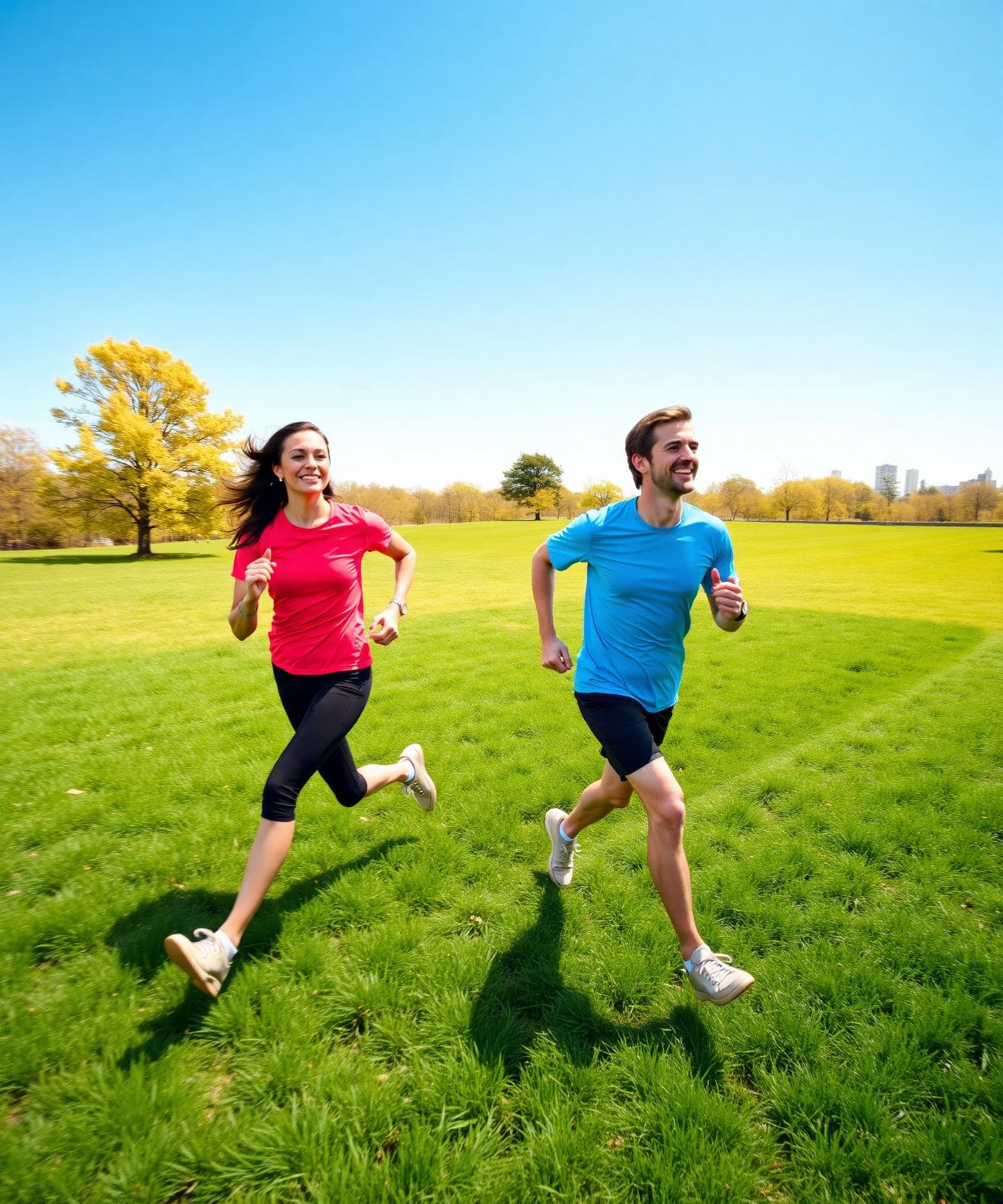 Two people running through a park on a sunny day
